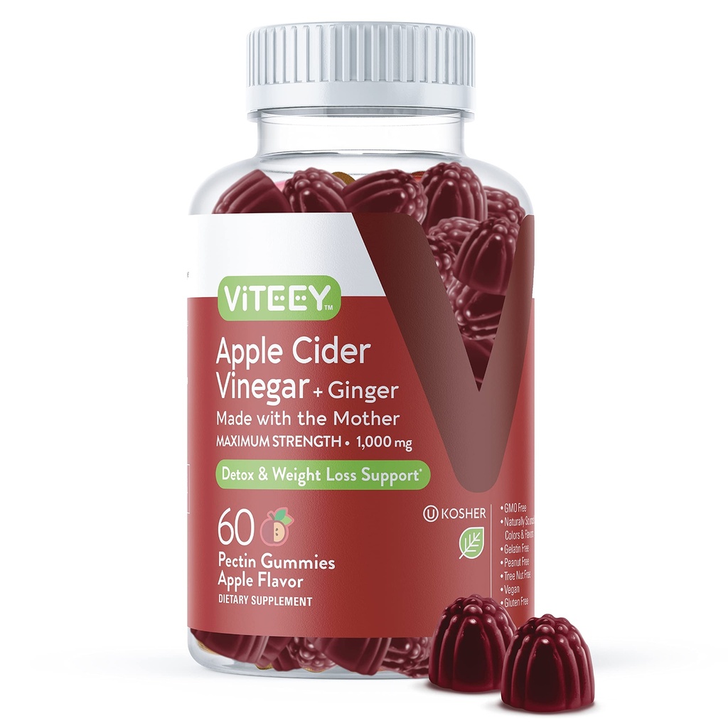 Viteey Apple Cider Äädikas Gummies ja Ingver - 1000 mg ACV Gummies kaalulangus, Detox ja seedimine - Vegan, Gluteenivaba - 60 Count