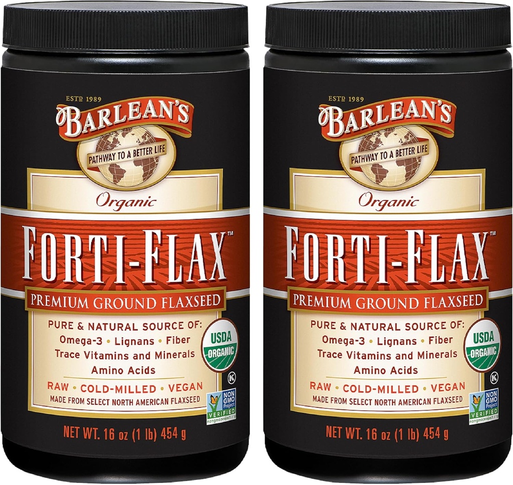 Barlean's Forti-Flax Organic Flaxseed, Ground Whole Toores Seeds, Omega-3 Supplement koos Lignans ja Dietary Fiber, Bulk Ground Flax Seed, 16 oz, 2 Pack