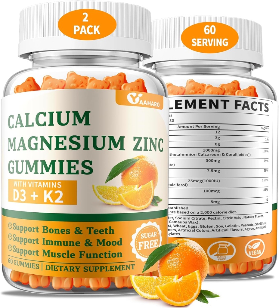 (2 Pack) Kaltsium Magneesium Tsink Kummid Vitamiin D3 & K2 - Suhkruvaba Kaltsium Kummid Naistele Ja Meestele - Luude Ja Immuunsüsteemi Toetus - Mitte-GMO, Gluteenivaba, Oranž Maitsestatud - 120 Count