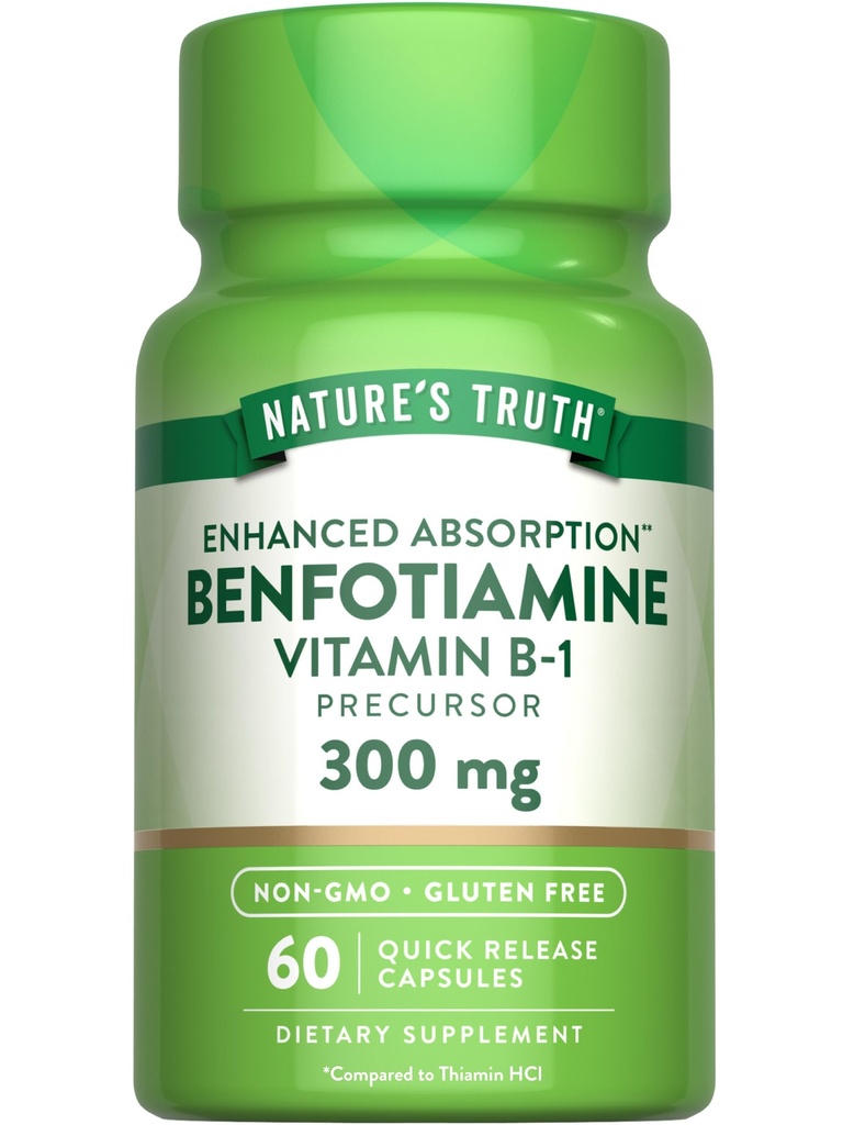 Nature's Truth Benfotiamiin | 300mg | 60 Count | Non-GMO ja gluteenivaba toidulisand | Vitamiin B1 Prekursor