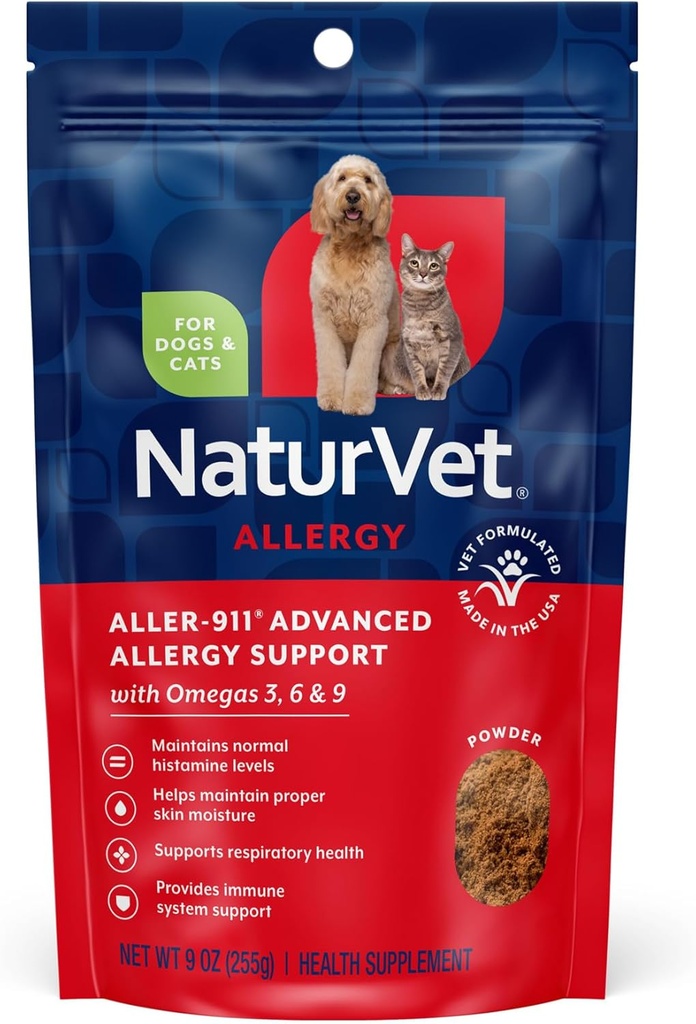 NaturVet Aller-911 Advanced Allergy Aid Formula Powder Plus Antioksüdandid koertele ja kassidele, 9 oz Pulber, valmistatud USA-s
