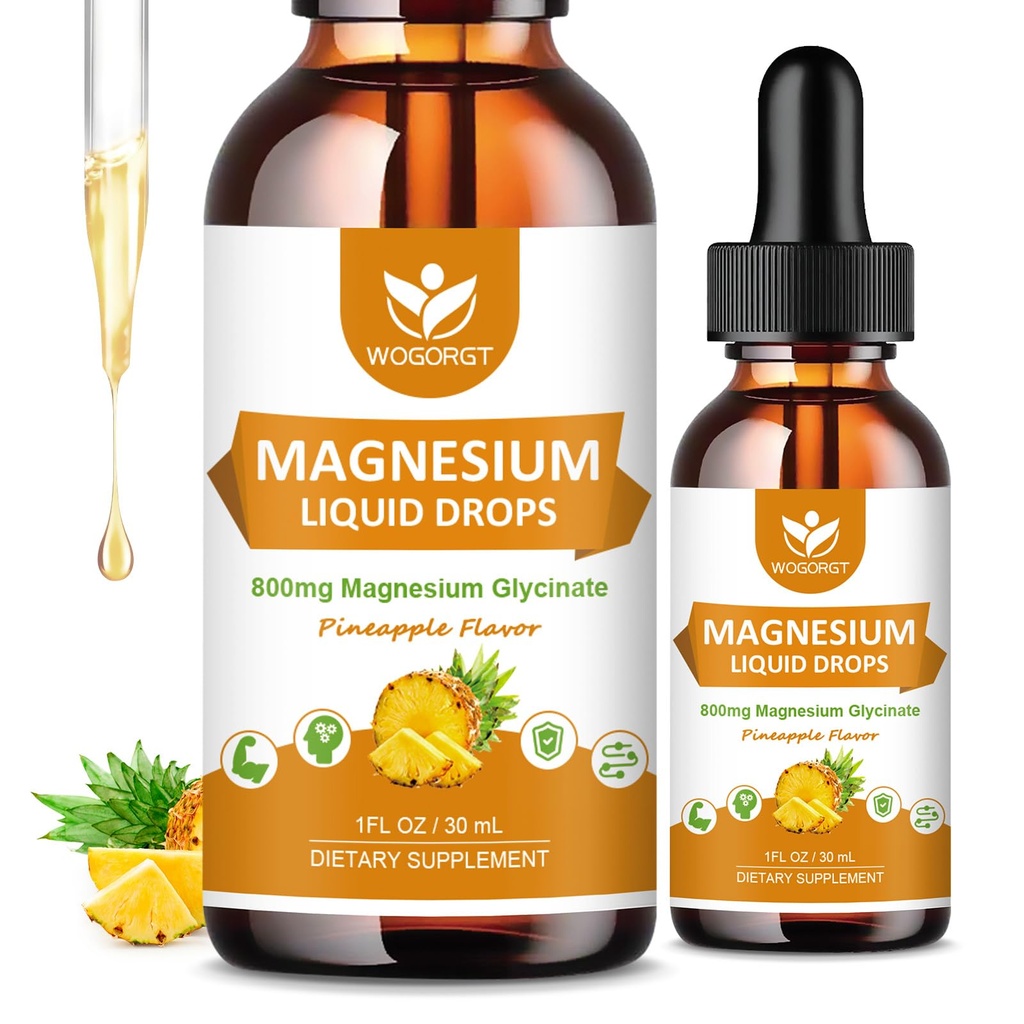 Magneesiumglütsinaat Vedelad tilgad tsitraadi ja tauraadiga - tunnetus, lihased ja fookus, vedel magneesiumi komplekslisand D3-vitamiiniga, GABA, L-teaniin, ananassimaitse - 1 Fl Oz (2 Pack)