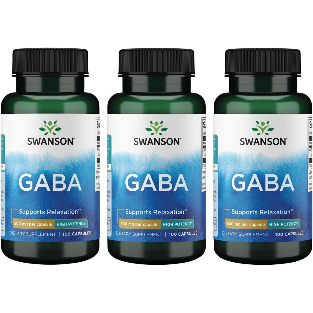 Swanson GABA - Aminohappe lisand, mis edendab rahulikku ja lõõgastavat und, et toetada rahulikku und - suure tugevusega valem tervisliku stressi taseme toetamiseks - (100 kapslit, 500 mg iga) (3 pakendit)
