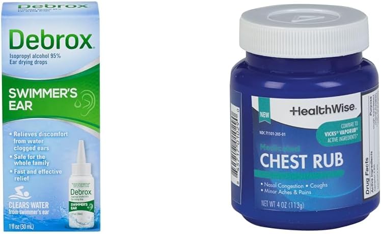 Debrox Ujuja kõrvatilgad, 1 Fl Oz ja HealthWise Medicated Chest Rub, 4 oz. Bundle