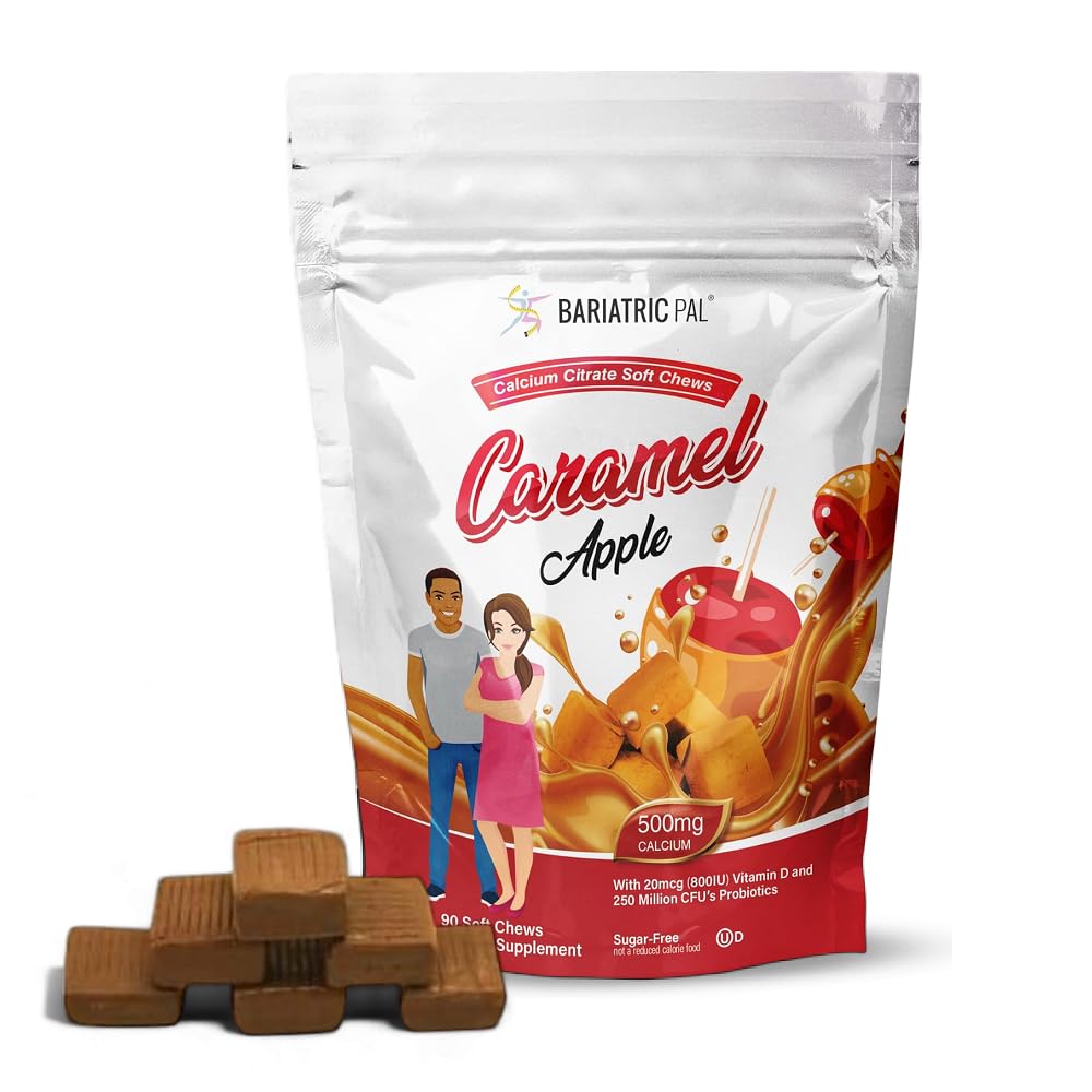 BariatricPal Sugar-Free Calcium Citrate Pehmed närimiskoed | 500mg D-vitamiini ja probiootikumidega | Karamellõun | 90 Count (1 kuu pakkumine)
