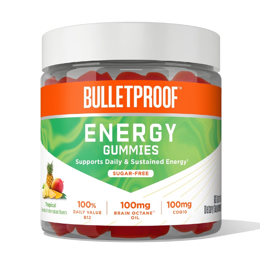 Bulletproof Sugar-Free Tropical Energy Gummies, 60 Count, täiendus igapäevasele ja jätkusuutlikule energiale 100mg CoQ10, B12 päevane väärtus, 100mg Aju oktaanõli
