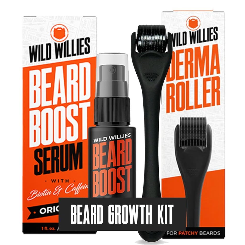 Wild Willies Beard Growth Kit - Premium Derma Roller & Beard Boost Seerum - Microneedle Roller & Beard Hair Growth Seerum Biotin & Kofeiin Fuller Bear, Peanaha hooldus - Lihtne kasutada Kit koos kastiga