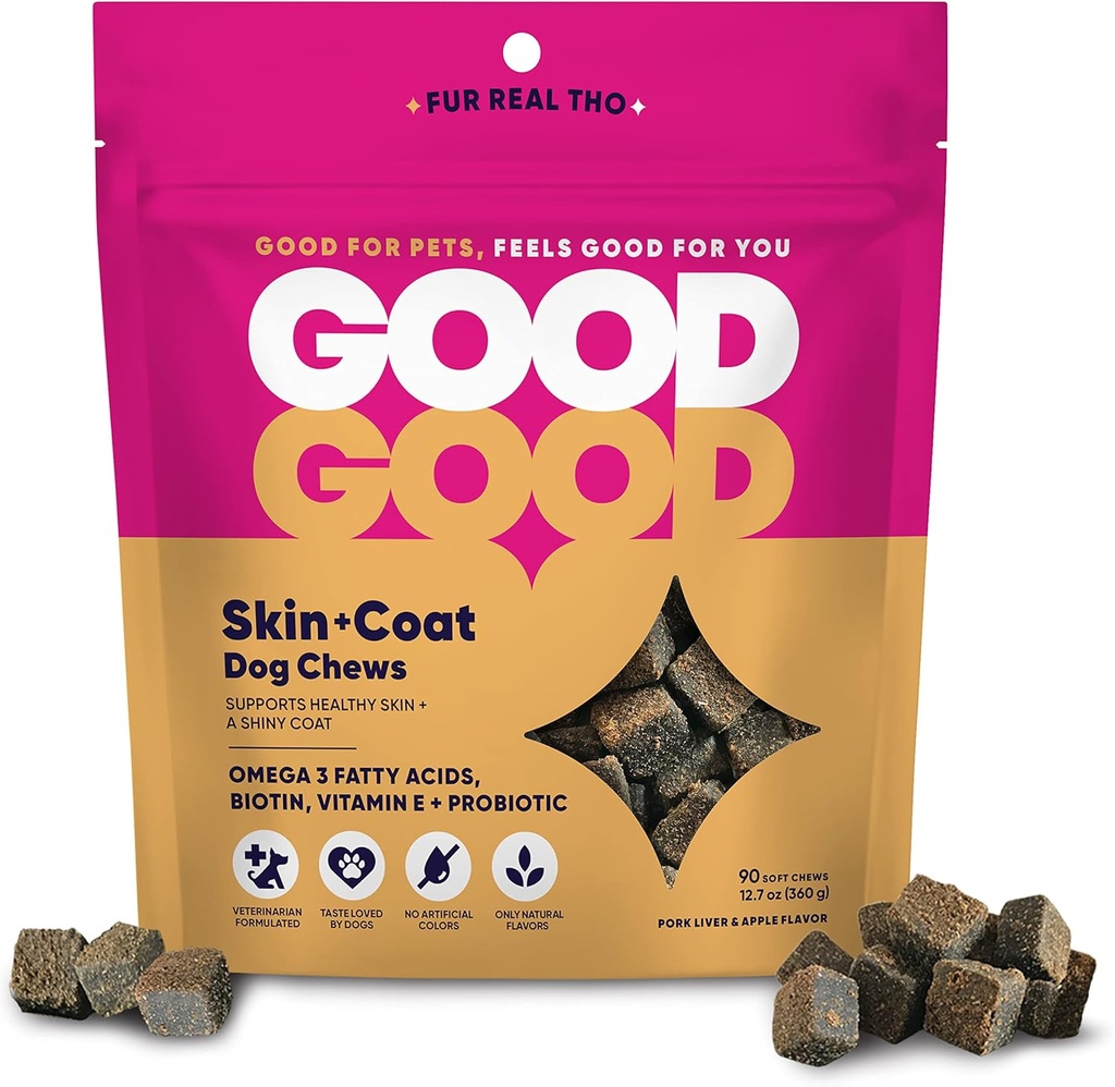 Hea nahk + Coat Dog Supplements; Toetab Tervislik nahk ja läikiv mantel; Näritav pehme ravi Omega-3 rasvhappeid ja vitamiin E; Probiootikumid; 90 Looduslik maitse närimiskummid