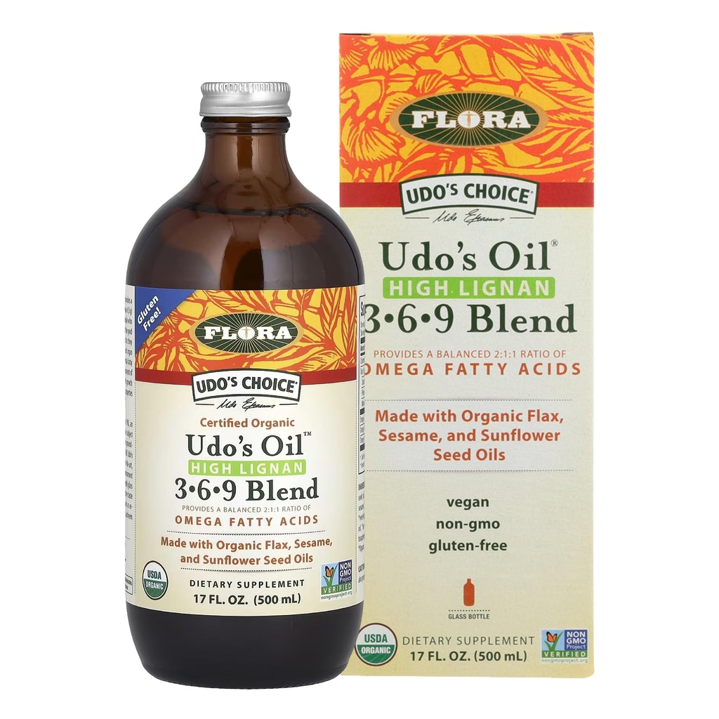 Flora - Udo valik High-Lignan 369 Omega Oil Blend, Udo õli tasakaalustatud 2: 1: 1 suhe Omega rasvhappeid, valmistatud orgaanilise lina, seesami ja päevalilleseemne õlid, 17-oz. Klaaspudel