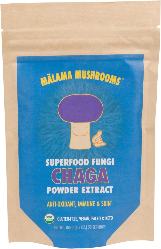 Chaga ekstrakti pulber Malama, orgaaniline puuviljakeha Chaga Seenepulber, Superfood Adaptogenic, toetab immuunsüsteemi, naha tervist ja väsimust, 100 serveerimist