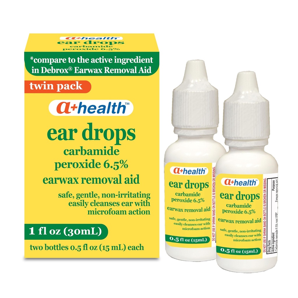 A + Health Earwax Eemaldamine Tilgad, Karbamiid Peroksiid 6,5%, Valmistatud USA, Twin Pack, 1 fl Ounce (Kaks 0,5 fl oz pudelit)