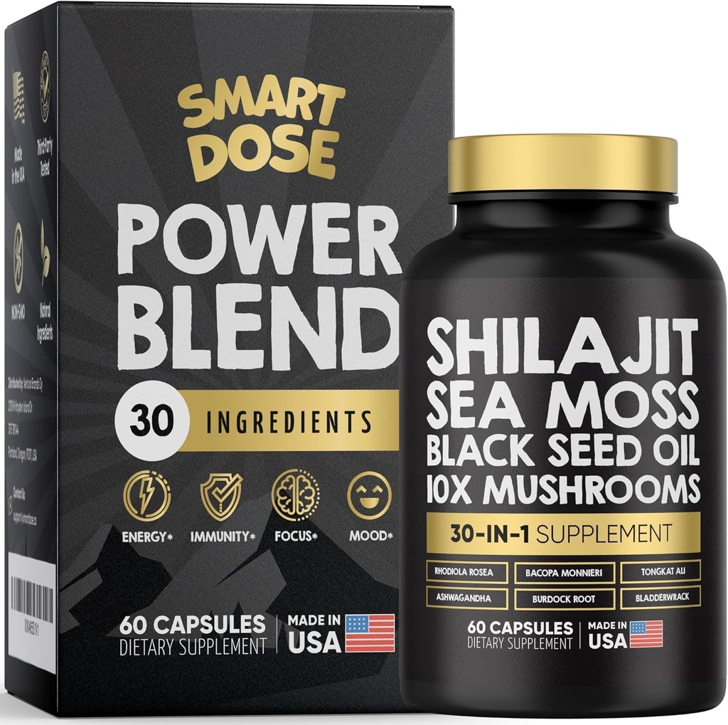 Power Blend kapslid - 30-in-1 täienduskomplekt Shilajit 6000mg, Sea Moss 4000mg, Black Seed Oil 4000mg, Ashwagandha 2000mg, 10x Seened, Tongkat Ali, Maca, Holistic Pills Combo