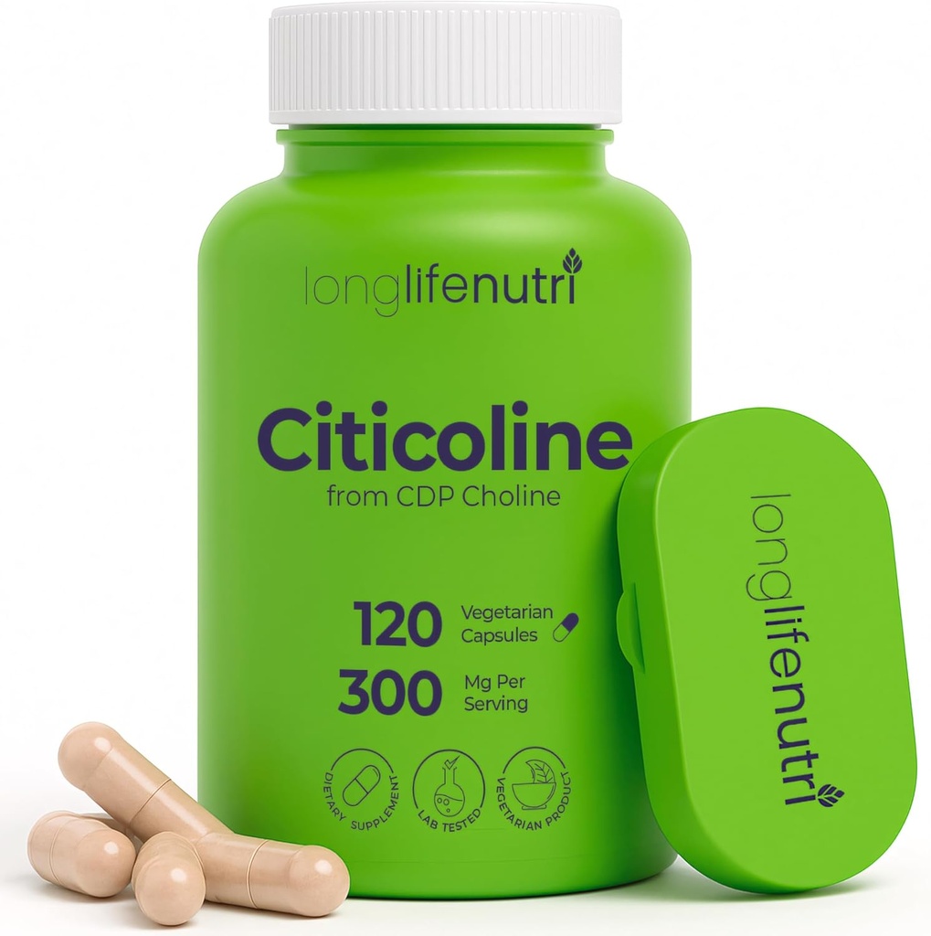 LongLifeNutri Citicoline (CDP-Choline) 300 mg, 120 taimset kapslit, 4-kuuline tarne, GMP sertifitseeritud, valmistatud USA-s