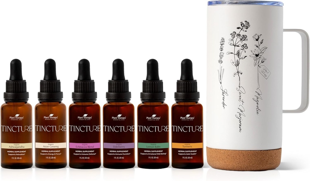 Taimeteraapia Kogu Tinktuuripakett sisaldab 30 ml Iga orgaanilist Ashwagandha, Aasia ženšenni, Echinacea segu, Elderberry, Sidrun Balm, Kurkum & Travel Mug