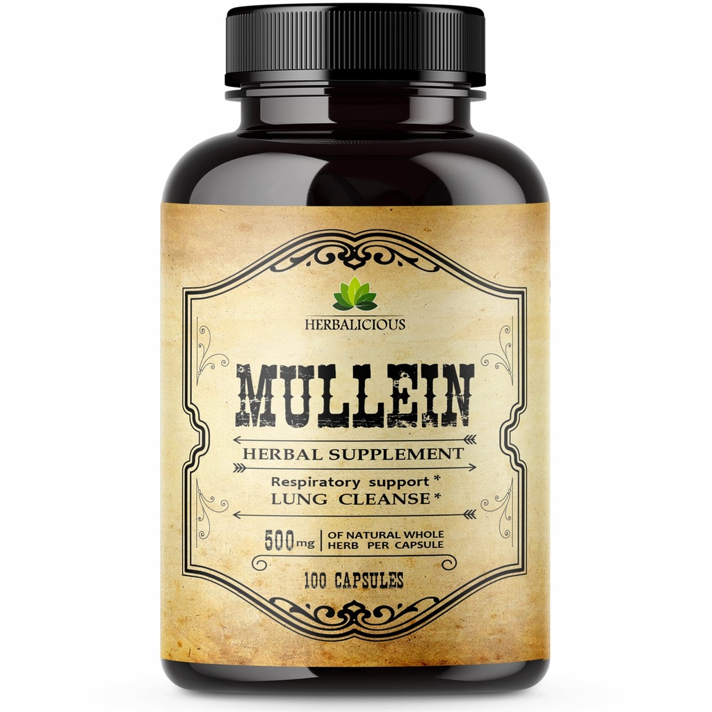 HERBALICIOUS Mullein Leaf Extract Lungs - Lung Detox Smokers & Respiratory Support - Taimne täiendus Lung Cleanse, Detox ja seedetrakti heaolu - Vegan, Non-GMO, 100 kapslit