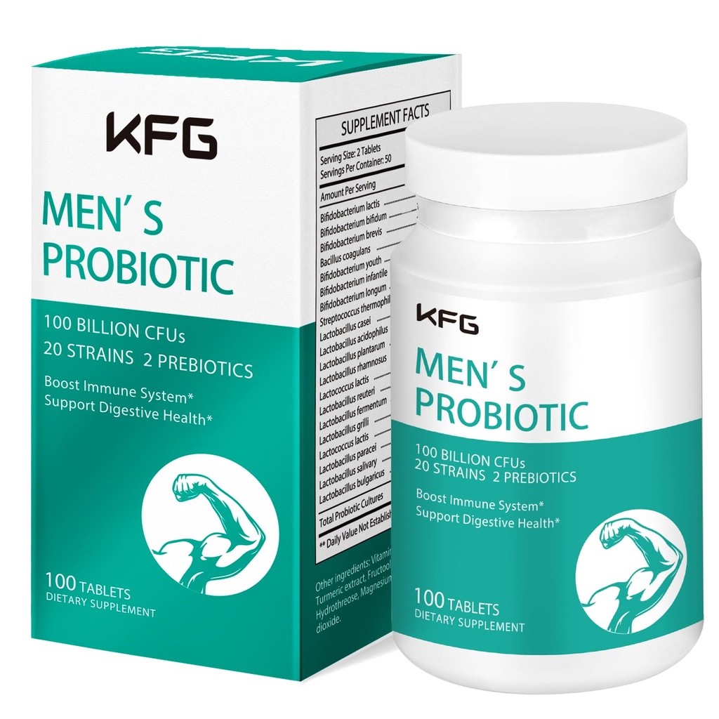 KFG probiootiline lisa 100 miljardit CFU-d, 20 tüve, 2 prebiootikumi ja seedeensüümi, toetab seedimist, immuunsüsteemi tuge, soolestiku tervist ja ainevahetust, mitte-GMO-d, gluteeni ja soja tasuta, 100 tabletti