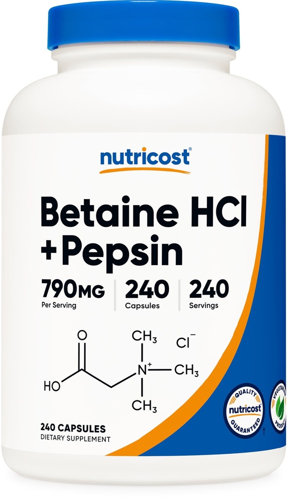 Nutricost Betaine HCl + Pepsiin 790mg, 240 kapslit - taimetoitlane ja GMO-vaba