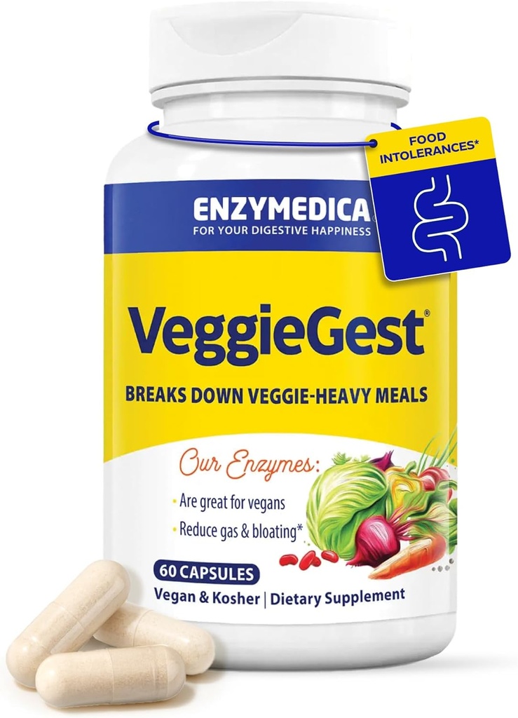Enzymedica, VeggieGest, Seedeensüümid, Toetab Juhuslikku Gaasi Ja Puhuvat Leevendust Kõrge kiudainesisaldusega Toitest, Vegan & Taimetoitlaste Dieetidele, Ensüümisegu Seedetrakti Tervisele, 60 Count