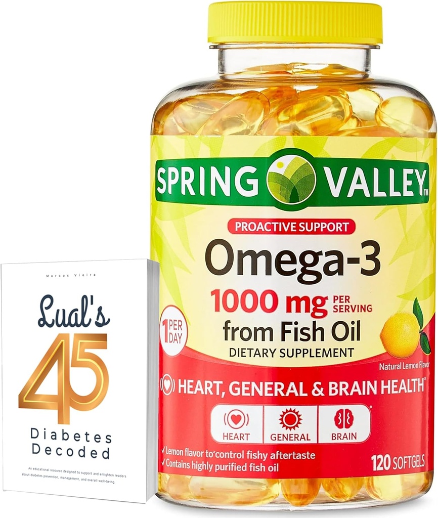 Omega-3 alates Fish Oil Heart General & Brain Health toidulisand Softgels, 1000 mg, 120 Count Bundle koos Lualli 45 diabeediga dekodeeritud