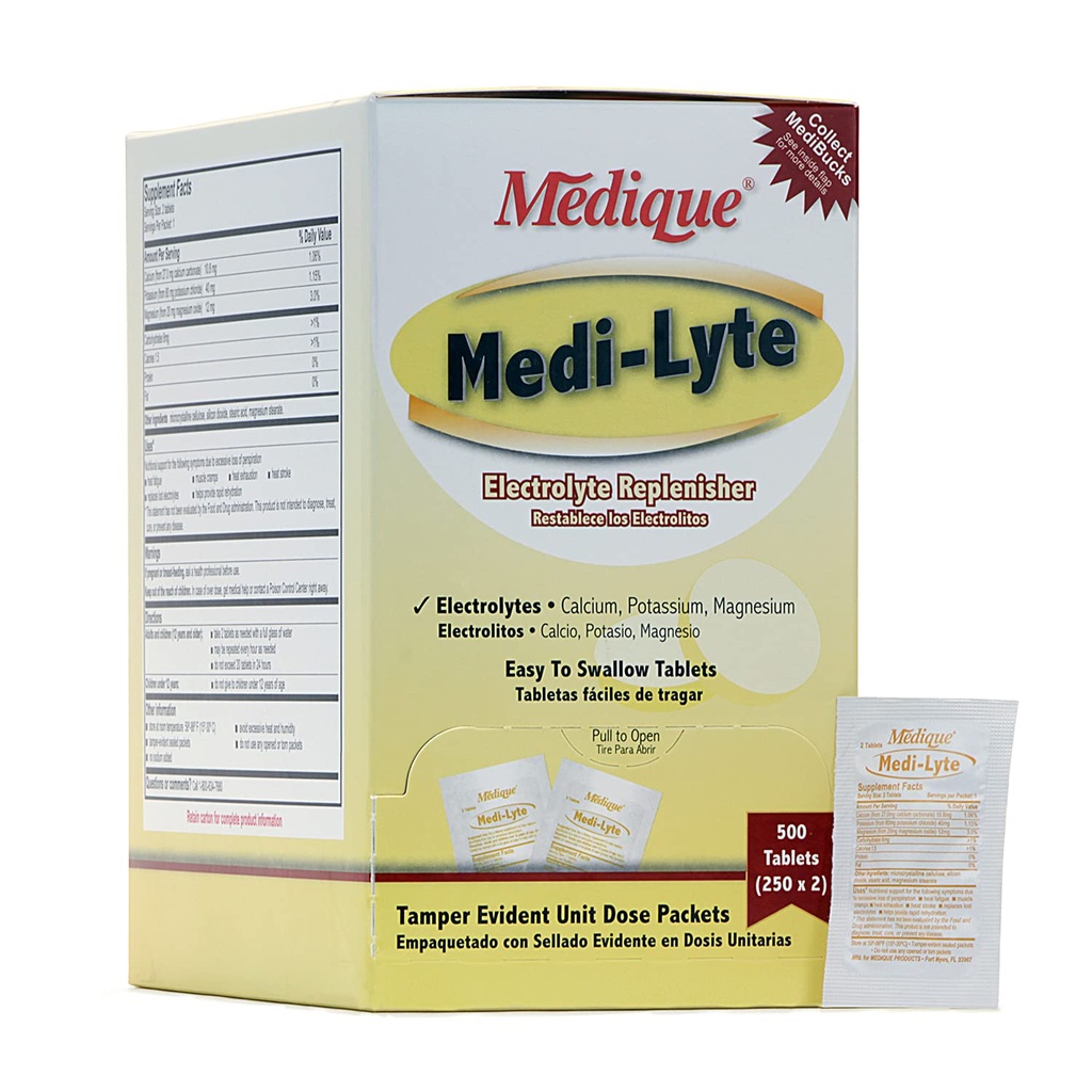 Medique Medi-Lyte Electrolyte Replenisher, Kiire leevendus kuumusest, stressist, väsimusest ja lihaskrampidest, kergesti neelatavad tabletid, 500 tabletti (250 x 2)