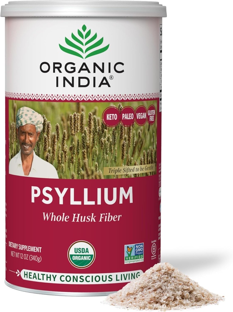 ORGAANILINE INDIA Terve Psyllium Husk Pulber Orgaaniline - Psyllium Husk Kiud Lisand, Seedimise Toetus, Vegan, Gluteenivaba, Mitte-GMO, Lahustuv Ja Lahustumatu Fiber Allikas - 12 oz (Pakk 1)