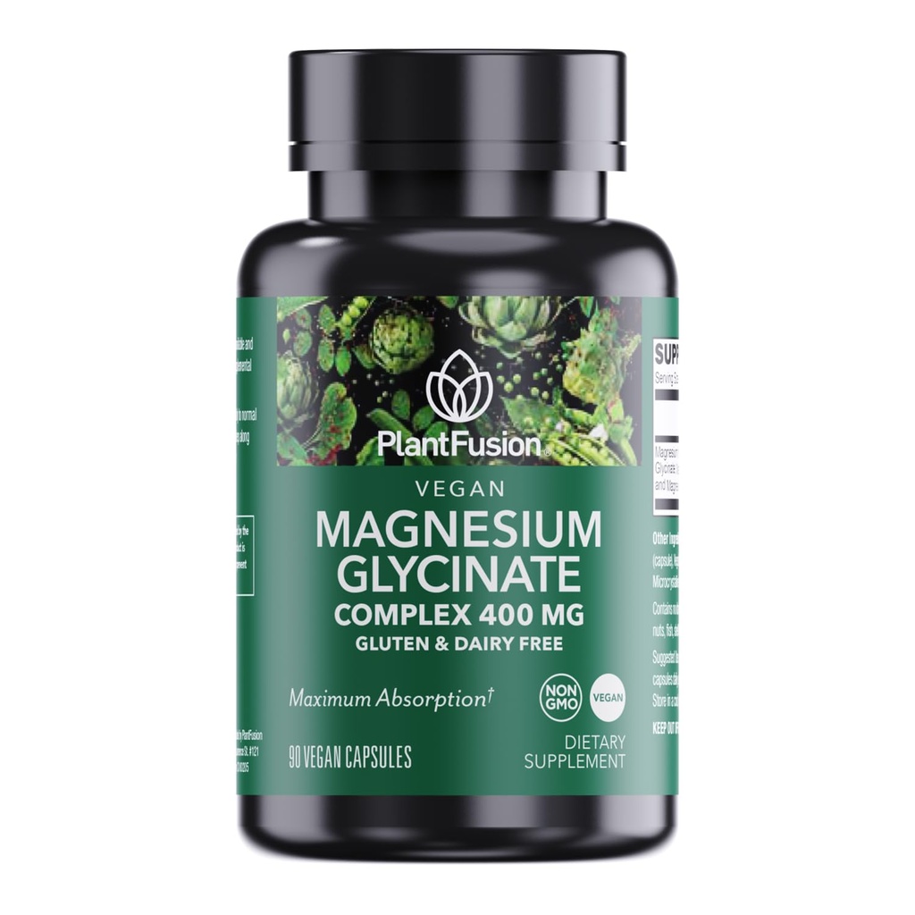 PlantFusion Vegan Magneesium Glütsinaat Kompleks 400 mg - Suur imendumine ja biosaadavus - Kelaaditud - toetab lihaste lõõgastumist, und, südame tervist, stressi leevendamist ja energia tootmist - Non GMO