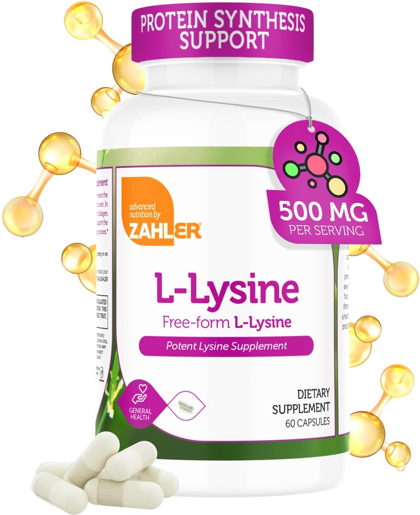 Zahler L-Lysine 500mg, vabakujuline L-lüsiini lisand, Kosher 60 kapslit