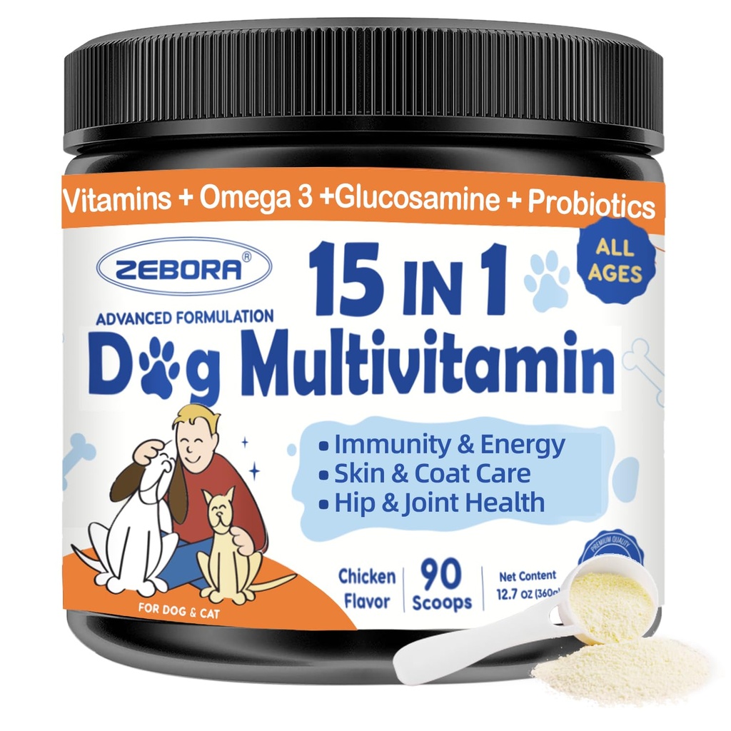 ZEBORA koera multivitamiini pulber koos glükosamiiniga, koerte vitamiinid ja toidulisandid immuunsuse toetamiseks, naha ja karva lisand koos omega 3 allergia leevendamiseks, seedetrakti probiootikumid ja soolestiku tervis