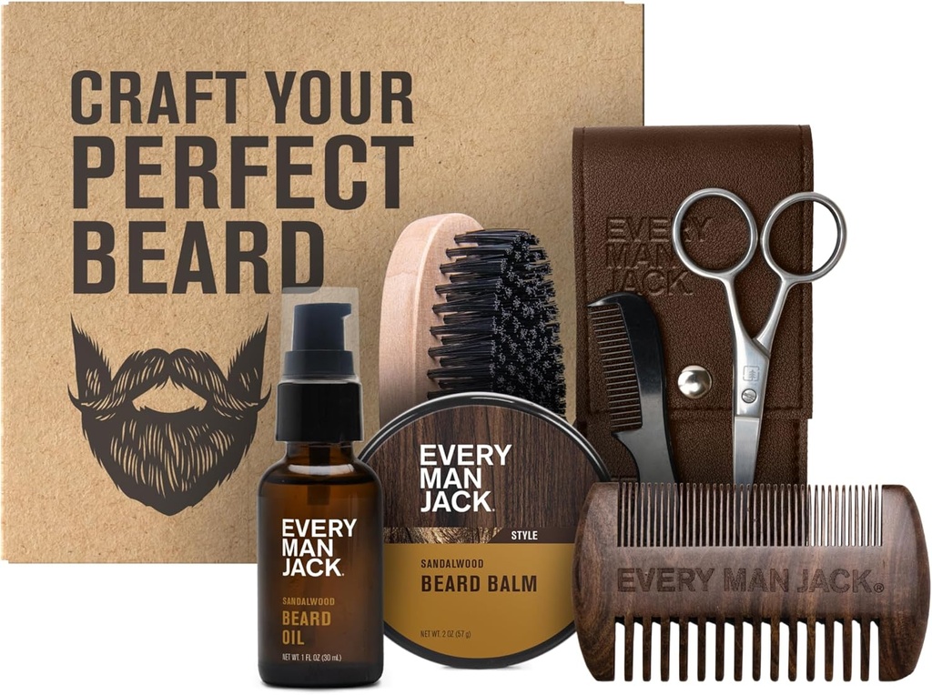 Iga mees Jack Beard Grooming Kit for Men - Sisaldab Sandalwood Beard Oil & Beard Balm, Beard Brush, Wooden Dual-side Comb, Trimming käärid ja Mustache Comb