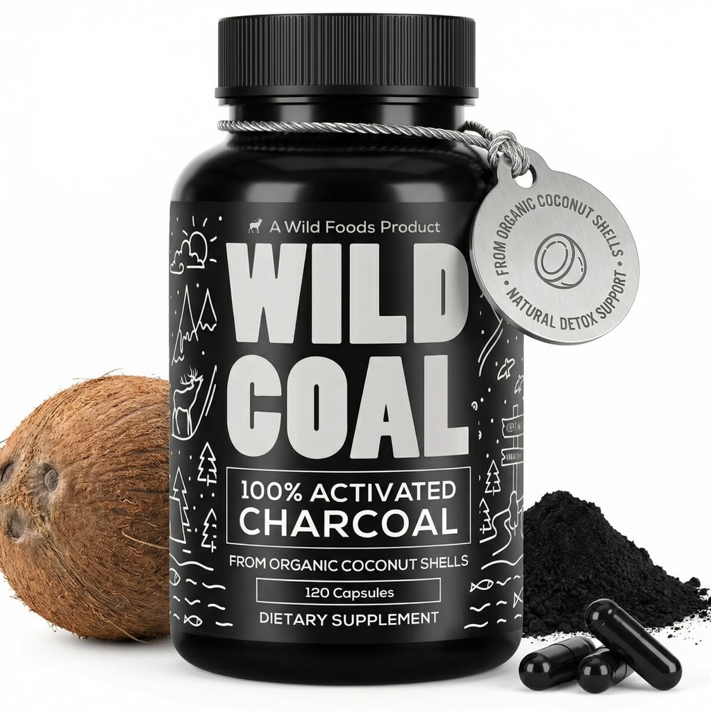 Wild Foods Activated Charcoal Capsules | 100% orgaaniline kookospähklikestad Aktiivsed tabletid Bloating & Hangover | Lab Testitud & Non-GMO Detox Pills | Valmistatud USAs (120 kapslit)
