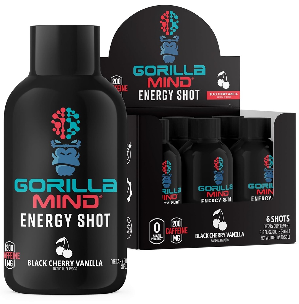 Gorilla Mind energia kaadrid (pakk 6) - täiustatud fookus ja energia, suhkruvaba, kiire toimega, võimas valem vitamiinide ja looduslike ekstraktidega (must kirss Vanilla)