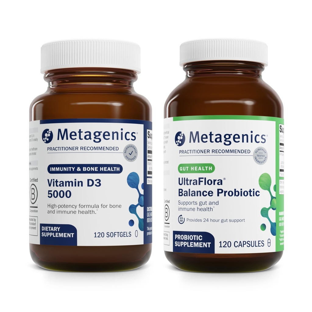 Metageenika Bundle - D3 5000 & UltraFlora tasakaal - 120 Softgels D3 5000 immuunsuse toetamiseks, luude terviseks ja südame terviseks - 120 kapslit UltraFlora tasakaal seedetrakti tervise jaoks