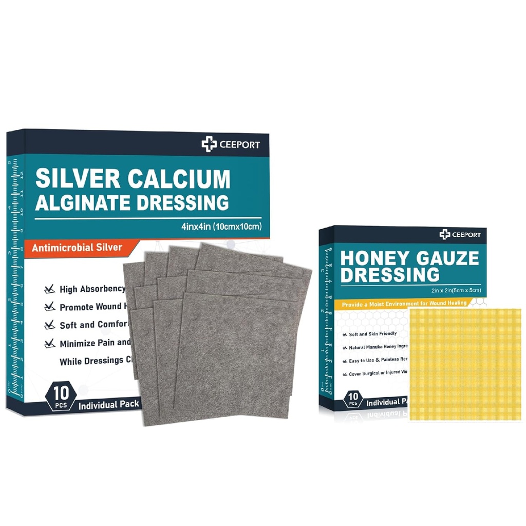 Hõbekaltsiumalginaadi riietus (4''x4''10pcs) + Manuka Honey Gauze riietus(2' x 2' 10pcs)
