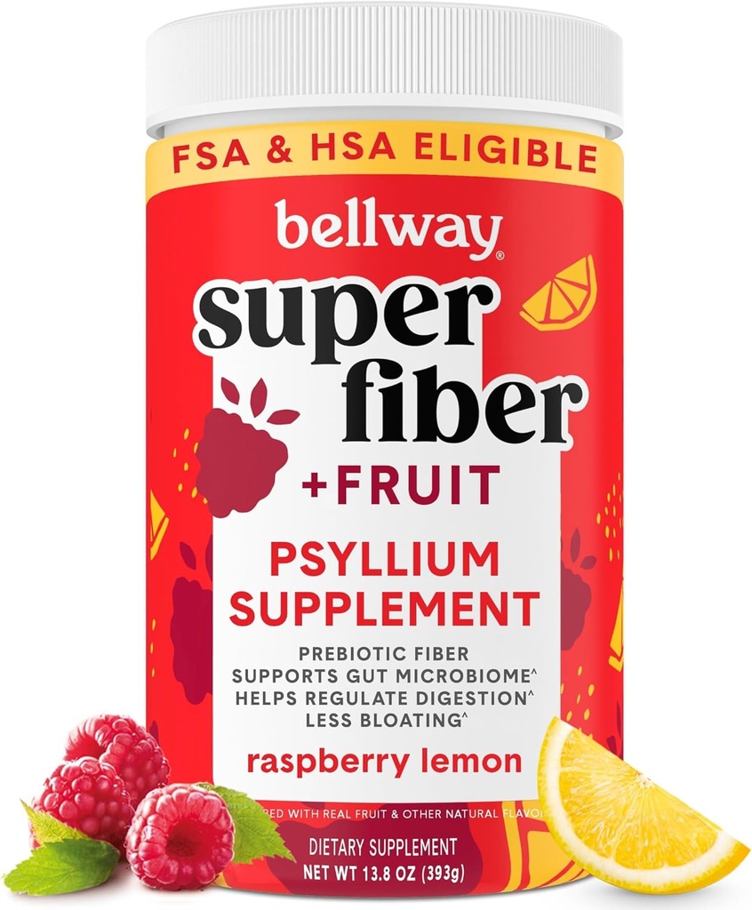 Bellway Super Fiber Pulber + Puuviljad, Suhkruvaba Orgaaniline Psyllium Husk Pulber Fiber Täiendus Regulaarsuse, Bloating Relief & Seedetrakti Tervis, Taimepõhine, Vaarika Lemon (50 Servings)