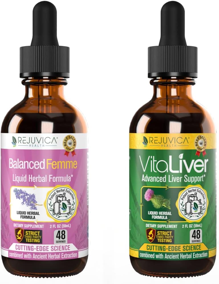 Rejuvica Tervis Tasakaalustatud Femme + VitaLiver - Toeta naise tasakaalu + Maksatoetus - Vedelik kohaletoimetamine parema imendumise nimel - Piimaohakas, Dong Quai, Artišokk, Maca, Dandelion & More!