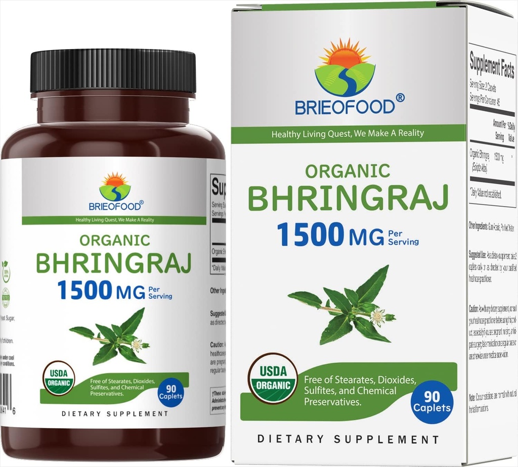 Brieofood Organic Bhringraj 1500mg, 45 Servings, Taimetoitlane, Gluteenivaba, 90 Taimetoitlane tablett