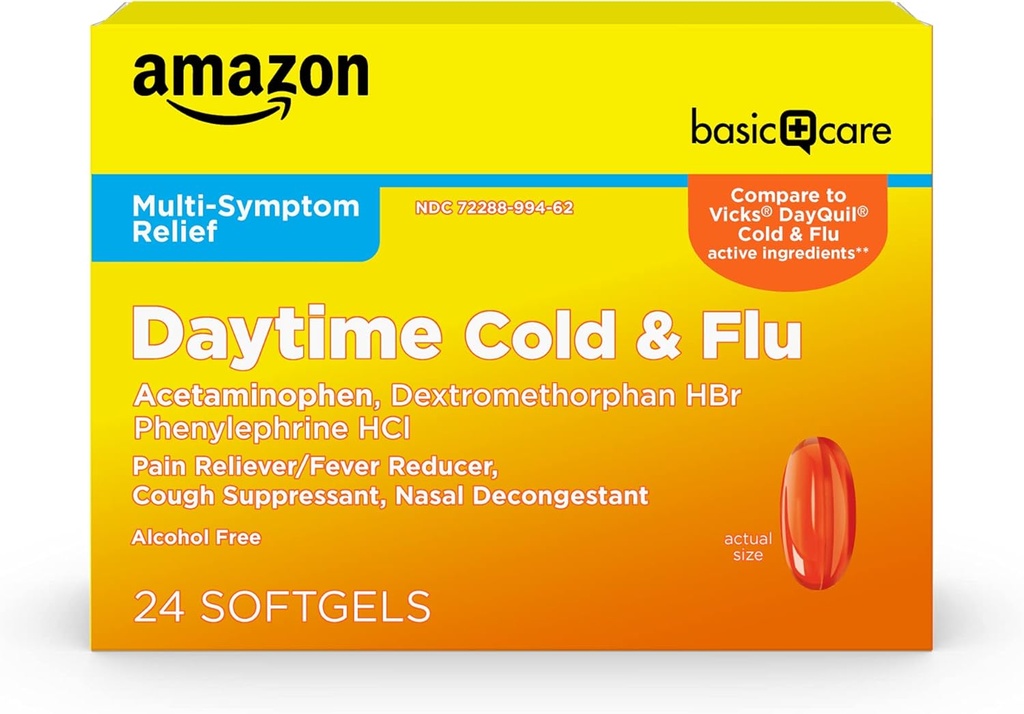 Amazon Basic Care Daytime Cold and Flu Relief Softgels, Non-Drowsy Cold Medicine, Relief of Pain, Fever, Cough, Sore Throat, Nasal Congestion, 24 Count