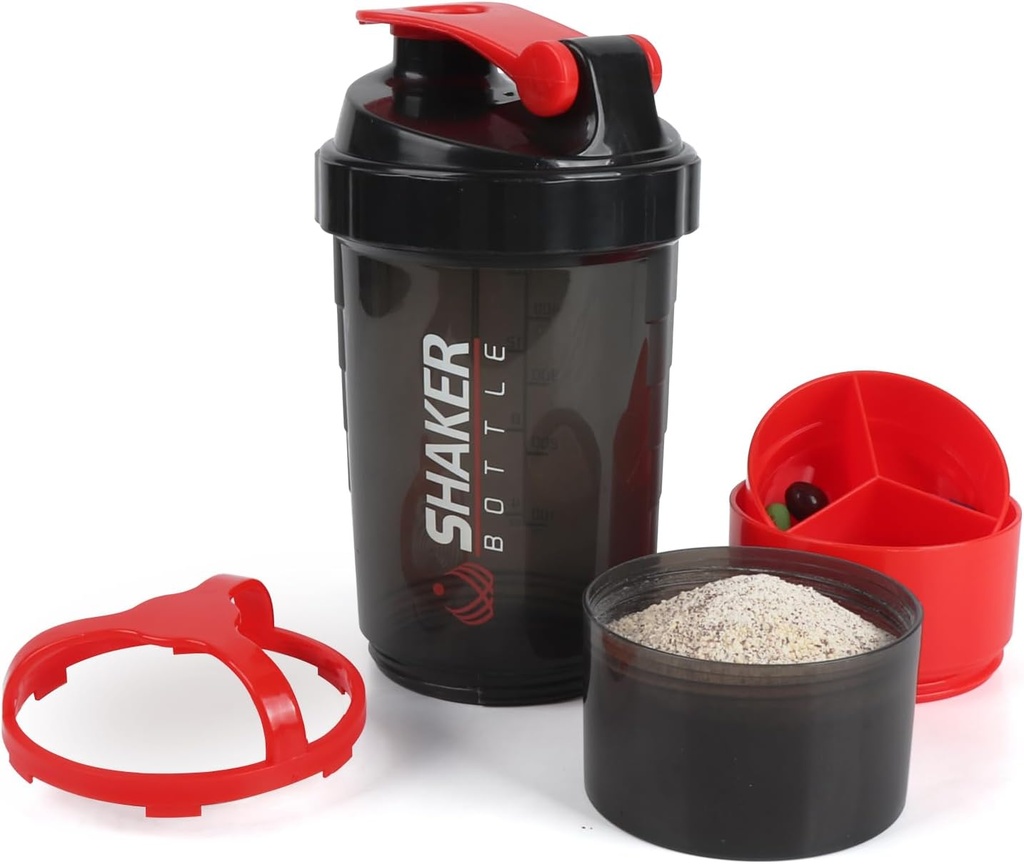 Shaker Bottle, 16oz Protein Shaker pudelid segamispalliga, 3 in 1 Leak-proof GYM Shake Cup pulbri ladustamise ja pillide salvega, ideaalne treeninguks, BPA Free (Red)