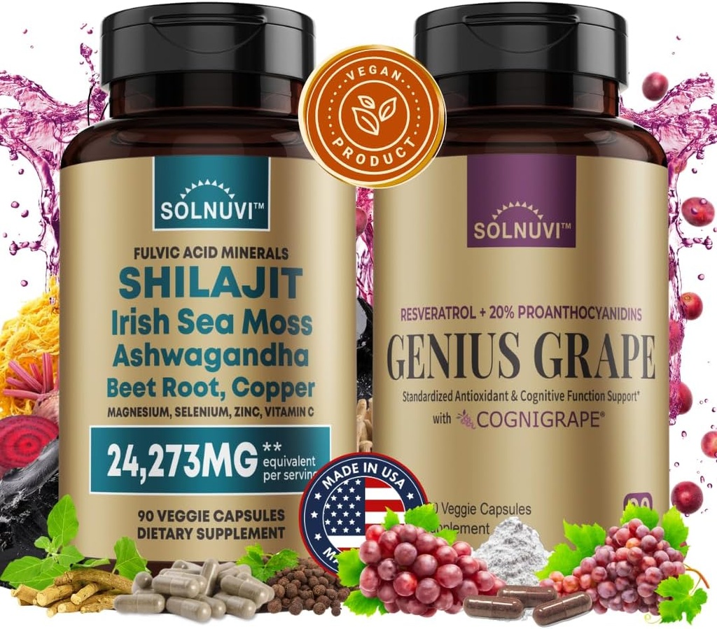 Kognitiivne heaolu Bundle - Resveratrol Complex & Shilajit Fulvic Acid Minerals - Sea Moss, Ashwagandha, kliiniliselt testitud Cognigrape Red Grape ekstrakt - Non-GMO, Gluteenivaba, Vegan Supplement