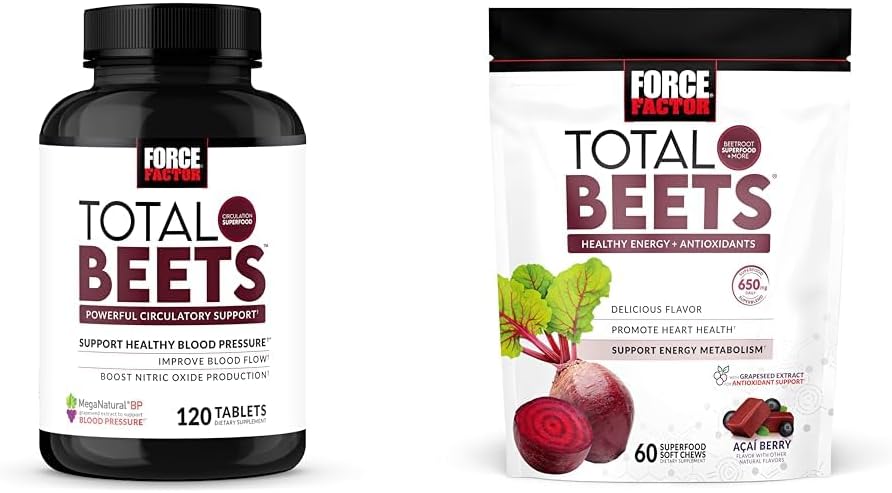 Force Factor Blood Pressure & Total Beets Chews Nitric Oxide Cardiovascular Support Grapeseed Antioxidants 120 Count & 60 Chews