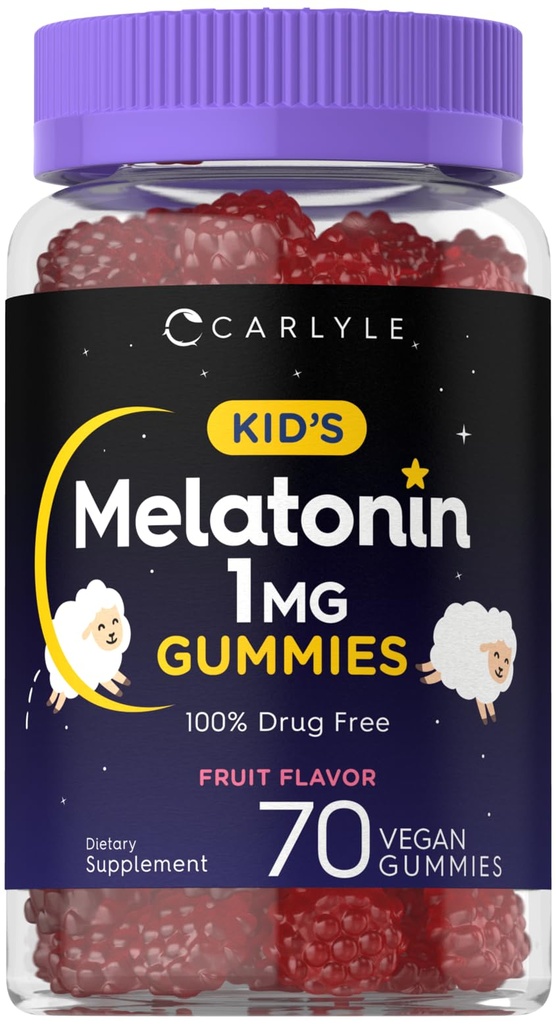Carlyle Kids Melatonin Gummies | 1 mg 70 Count | Fruit Flavor Gummy | Vegan, Non-GMO, Gluteenivaba