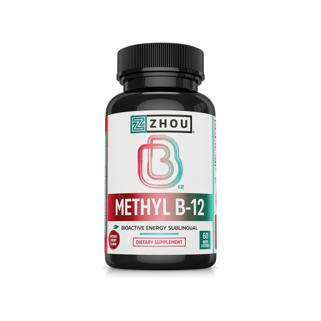 Zhou Methyl B12 - Methyl B-12 Supplement for Women & Men, Vitamiin B12 5000 mcg, Vegan Friendly, Cellular Energy and Närvifunktsiooni tugi, Methylcobalamin - 60 Micro Lozenges