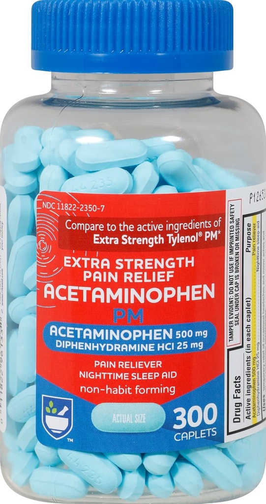 Rite Aid Extra Strength Pain Relief Acetaminophen PM Caplets , 500mg Acetaminophen / 25mg Difenhüdramiin - 300 Count - Nighttime Pain Reliever + Sleep Aid