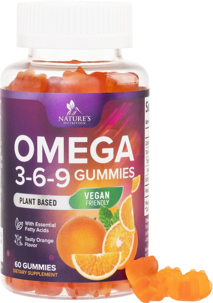 Omega 3 6 9 Gummies - Vegan Omega 3 Toidulisand Kummia - Asendamatud Rasvhapped Õli 369 Kompleksne Südametugi Ja Aju Tugi Naistele, Meestele Ja Rasedusele, Kala Vaba Mitte-GMO, Oranž Maitsestatud - 60 Gummies