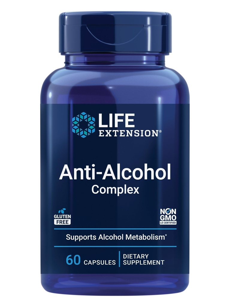 Elu pikendamise Anti-Alkohol kompleks, Vitamiin C, tsink, Viinamarjaseemned, Piimaohakas, Nelgiekstrakt, toetab tervislikku alkoholi ainevahetust ja optimaalset maksafunktsiooni, Gluteenivaba, Non-GMO, 60 kapslit