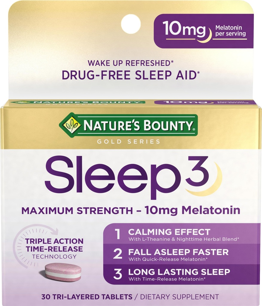 Nature's Bounty Melatoniin, Sleep3 maksimaalne tugevus 100% Drug Free Sleep Aid, L-Theanine & Nighttime Herbal Blend Time Release Technology, 10mg, 30 kolmekihilist tabletti