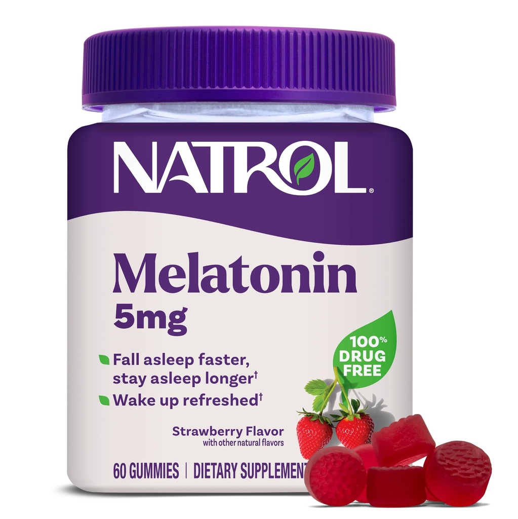 Natrol melatoniin 5mg, toidulisand rahutu une jaoks, 60 maasikamaitselist kummikuid, 60 päeva pakkumine
