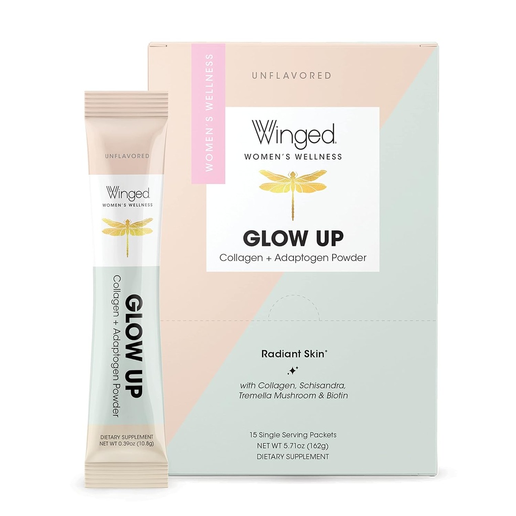 Winged Glow Up Kollageenipulber | Paremad juuksed, nahk, küüned naistele | Rohutoidu kollageenpeptiidid W/Adaptogen Schisandra, Lumeseene, C-vitamiin ja biotiin | Maitsestamata, Non Gmo, 15 Count