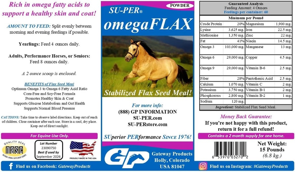 SU-PER OmegaFLAX Lina hobustele - Premium Stabiliseeritud Linaseemnejahu & Omega 3 täiendus - toetab tervislikku nahka ja katet - 15 naela