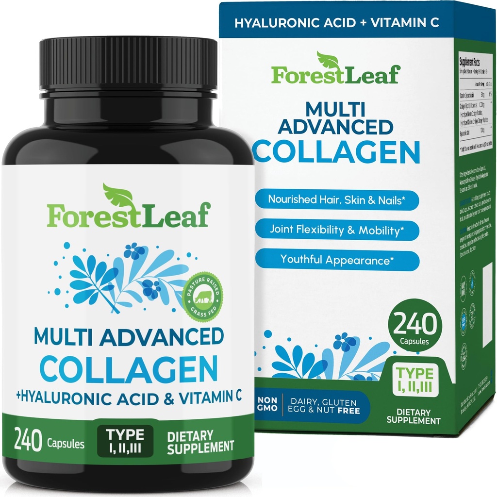 ForestLeaf Multi kollageeni tabletid - kollageeni mehed ja kollageeni naised - hüdrolüüsitud kollageeni toidulisandid C-vitamiini ja hüaluroonhappega - kollageeni kapslid juustele, nahale ja küüntele (240 peptiidkapslit)